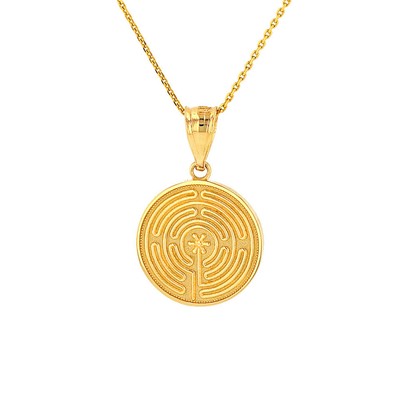 Gold Chartres Labyrinth Dainty Disc Medallion Pendant Necklace