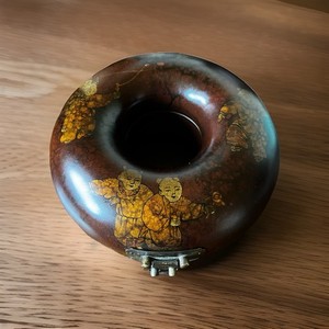 Vtg Asian Donut Round Wood Red Jewelry Box Painted Necklace