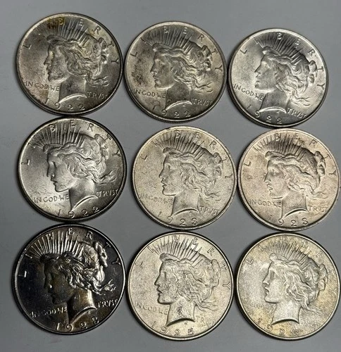 9 XF+ 1922 P (3) S 1923 P (2) S 1925 P (2) Peace Silver Dollars, U.S. $1 Lot Set