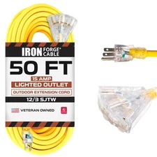 50 Foot Lighted Outdoor Extension Cord with 3 Electrical Power Outlets - Yellow