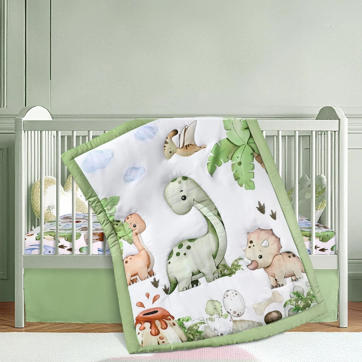 Aminata Kids Dino - Biancheria Da Letto 135x200 Per Bambini Con Dinosauri T-Rex, 100% Cotone, Double-face Verde - Regalo Perfetto Per Ragazzi