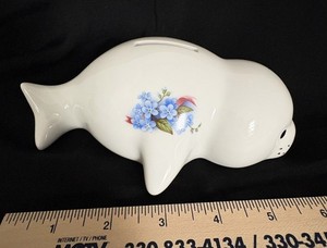 Vintage Alaska Baby Seal Pup BANK Ceramic Souvenir with State Flower