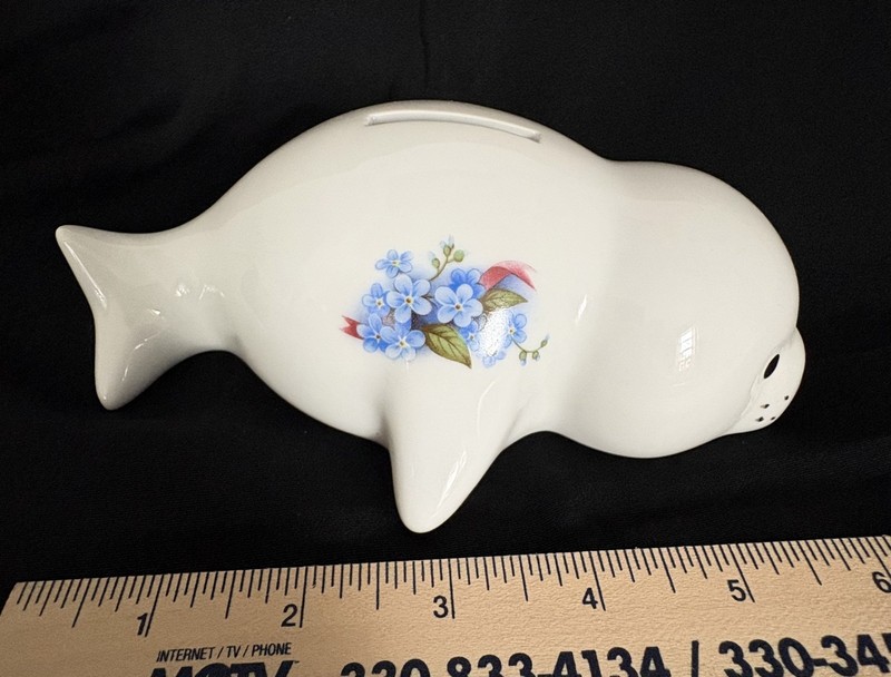 Vintage Alaska Baby Seal Pup BANK Ceramic Souvenir with State Flower