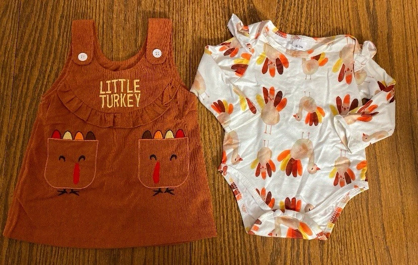 First Thanksgiving Baby Girl Outfit Newborn Turkey Romper & Corduroy Skirt 0-3 M