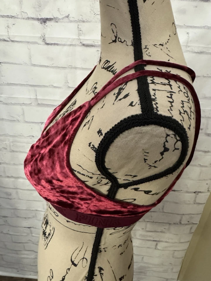 ROSA Victoria’s Secret Talla Med Terciopelo Bralette Sin Alambres Granate Tirantes Terciopelo Foto 2 de 4