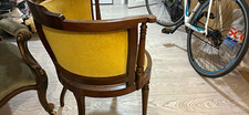 Brown & Yellow Upholstered Accent Chair with Arms, Dark Wood Frame, Padded