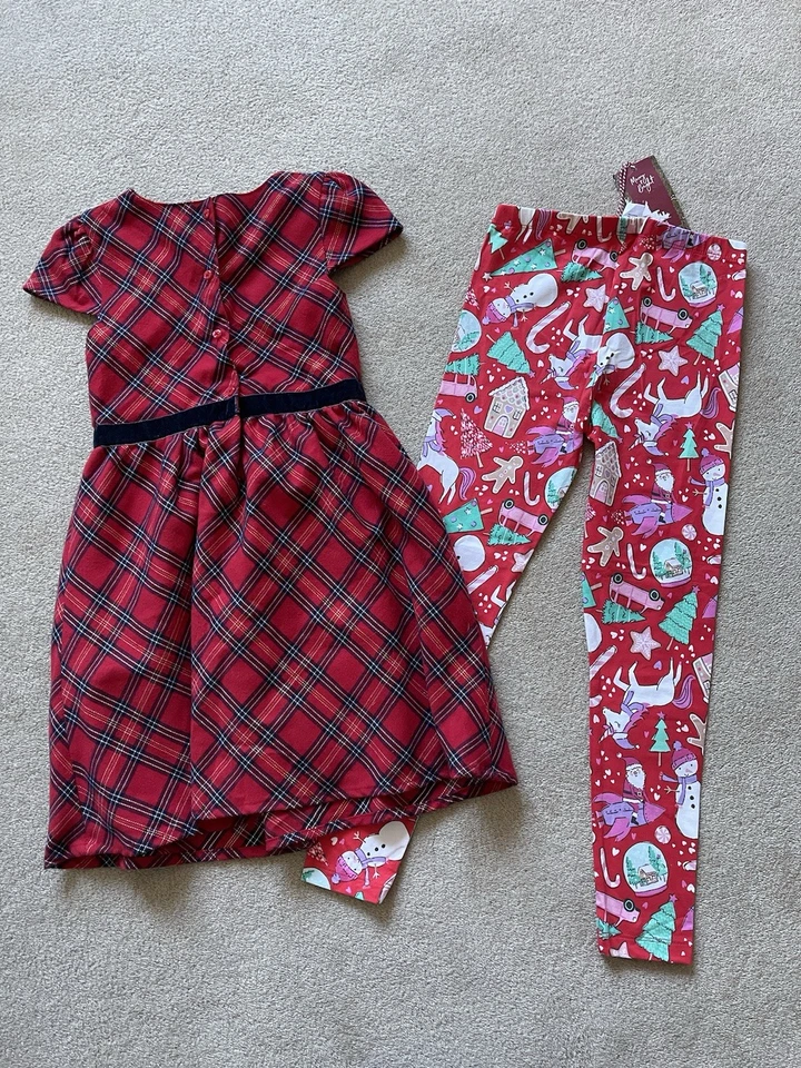 Girls Christmas Dress Leggings Tartan Bundle Age 7-8 Years - Image 2 of 4