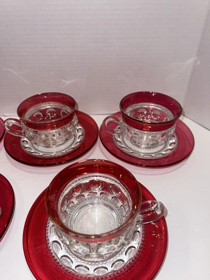 5 Vintage Tiffin KINGS CROWN Ruby Red Thumbprint Cup & Saucer’s Mint! - Image 2 of 4