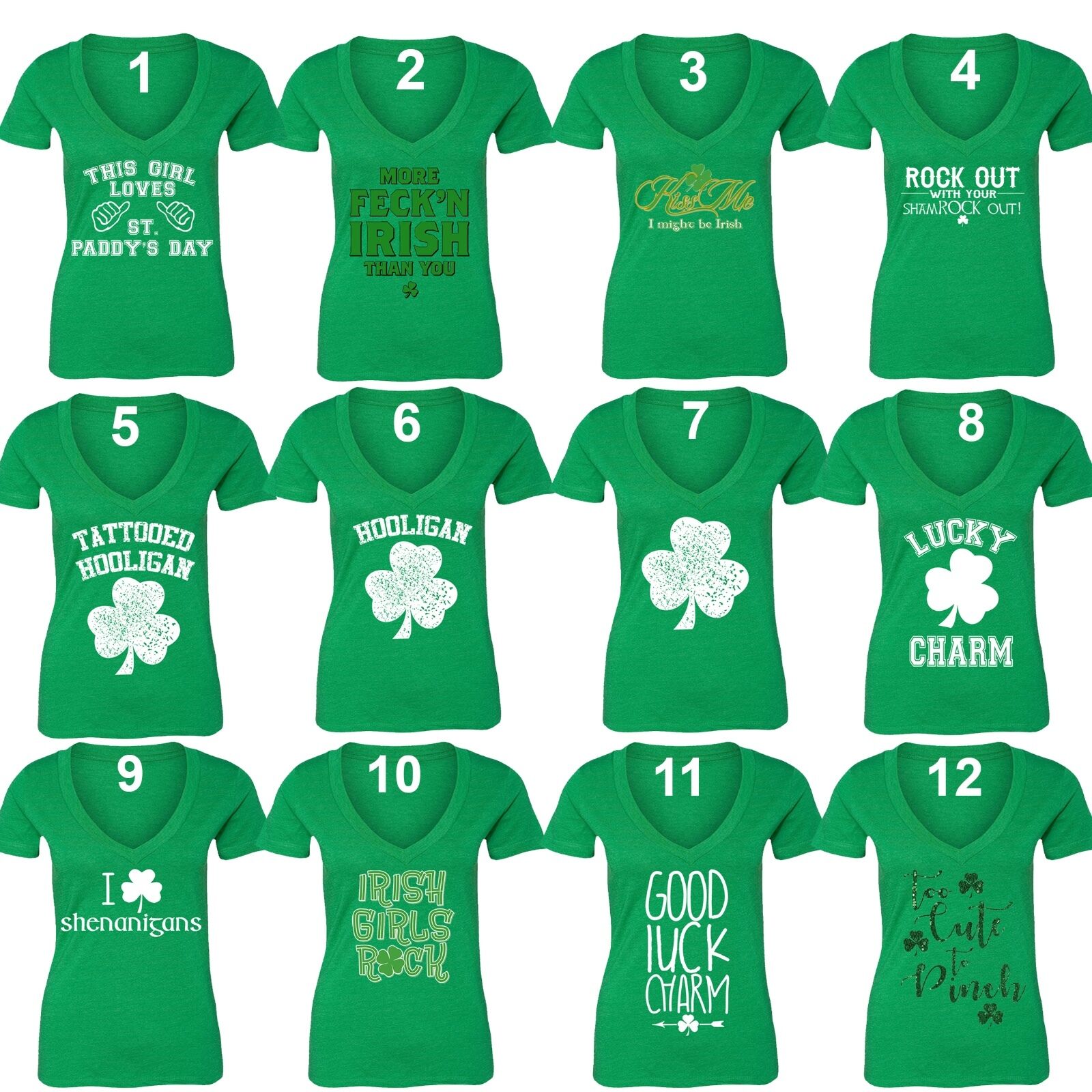 Women's St. Patrick's Day Shamrock Clover Paddy's Irish V-neck T-Shirt Green-animated-img