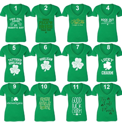 Women's St. Patrick's Day Shamrock Clover Paddy's Irish V-neck T-Shirt Green - Picture 1 of 14