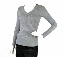 NWT Ann Taylor LOFT Women's Silver V-Neck cable knit wool blend Sweater Top XSP