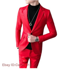 Men's Leather Suit Blazer Jacket Pants 2PCS Slim Fit One Button Nightclub Biker