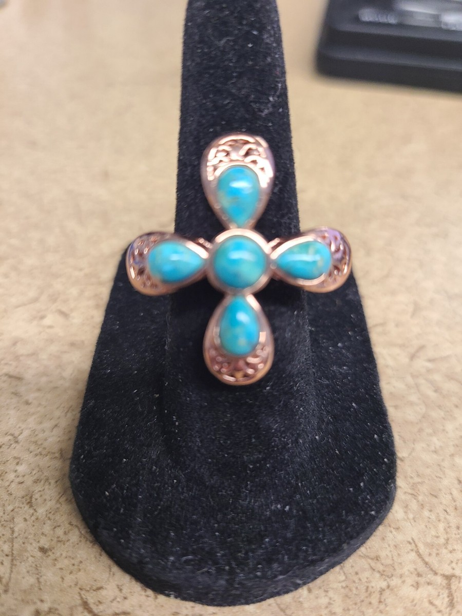 JTV Blue Turquoise Copper Cross Ring Size