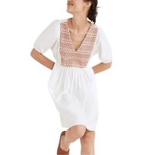 Madewell Embroidered Poplin V-Neck Mini Dress size Medium in White