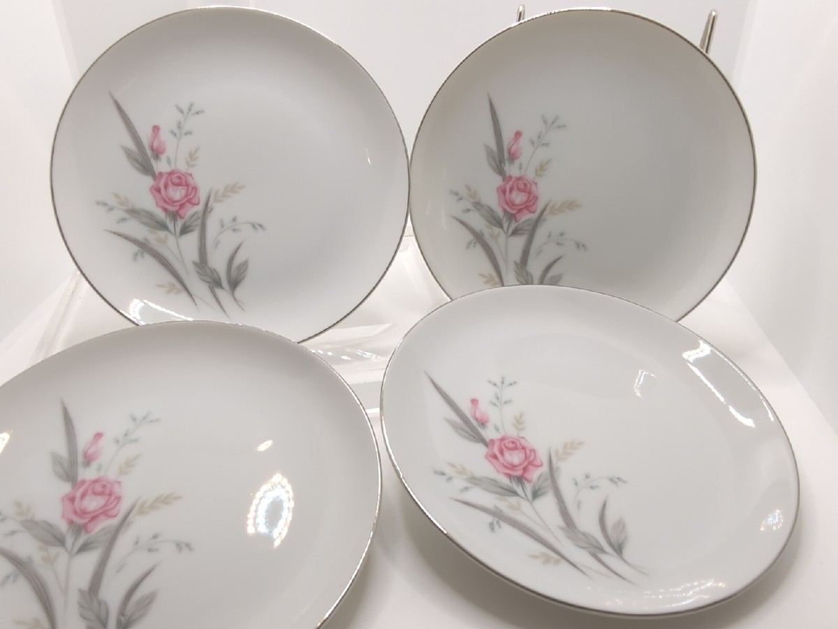 4 Vintage Windsor Rose Fine China Pink Grey Salad Plates Silver