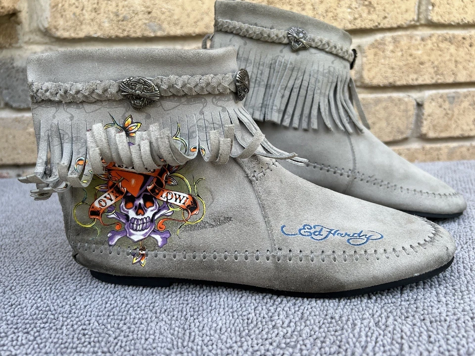 Botines Ed Hardy Mujer Gris Calavera Kill Love Cremallera Lenta Estilo 19SF 107W Gamuza Foto 2 de 4