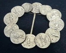 2.75" Vtg. Faux Ancient Coins Gold Tone Metal Round Shaped Brooch/Scarf Holder