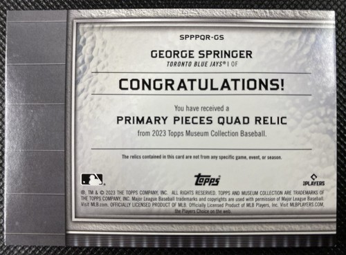 Colección Museo George Springer 2023 Piezas Primarias Reliquia Cuádruple/25 #SPPPQR-GS - Imagen 2 de 2