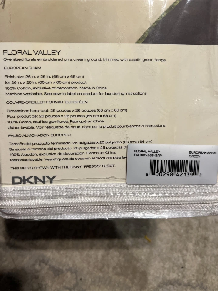 Single (1) DKNY Floral Valley Green Cream Embroidered Euro Pillow Sham NEW - Image 4 of 4