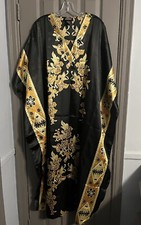 ASHRO Black  Gold Floral Design Long Caftan Dress One Size Fits Most
