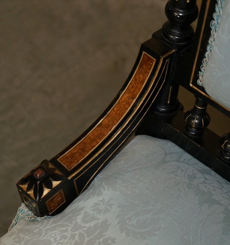 PAIR OF BURR WALNUT AESTHETIC MOVEMENT LIBRARY ARMCHAIRS WITH GRAND TOUR PLAQUES - Picture 21 of 24