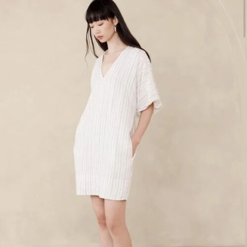 NEW Banana Republic Womens Livia Linen Mini Short Sleeve Dress Stripe S $150 NWT