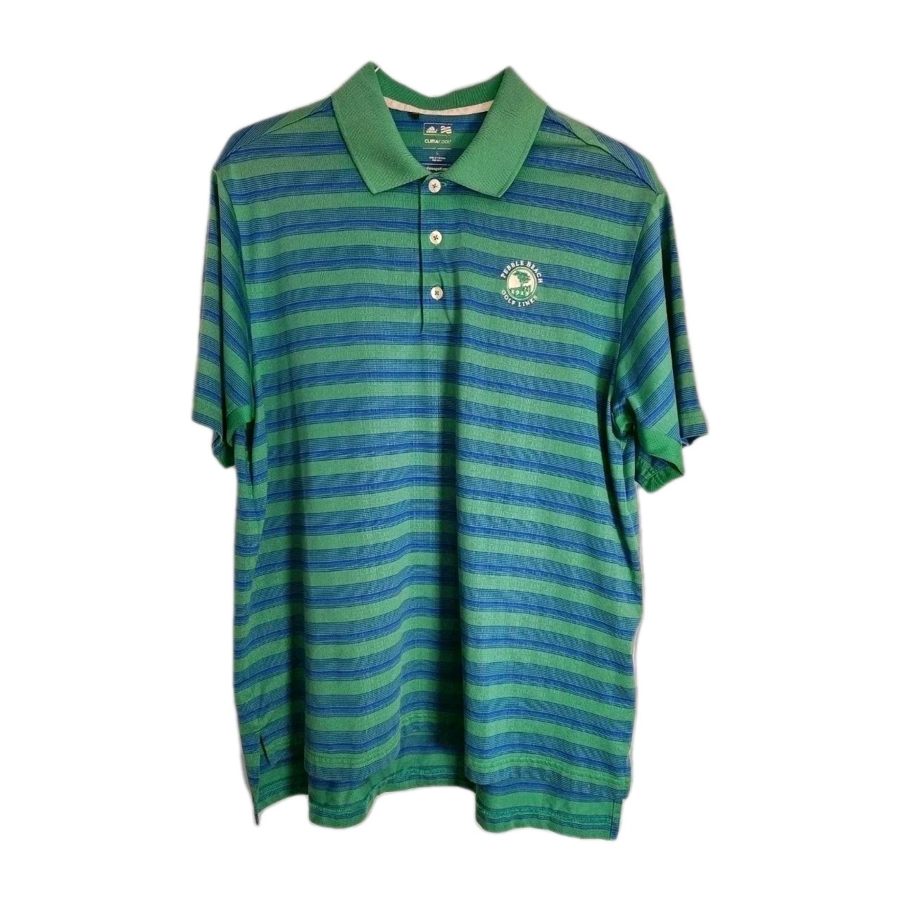 Adidas Golf Polo Climacool Men's Large Pebble Beach Green/Blue Stripes Stretch