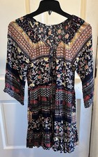 Boho Mini Dress Lace Front Size S Blue/red/yellow Print 3/4 Sleeve