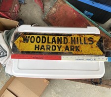 Rare WOODLAND HILLS, HARDY ARKANSAS Arrow Sign Metel 1940s