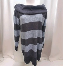 New Penelope Leroy Old Money Lux Wool Blk Stripe Grey Cowl Neck Sweater Dress LG