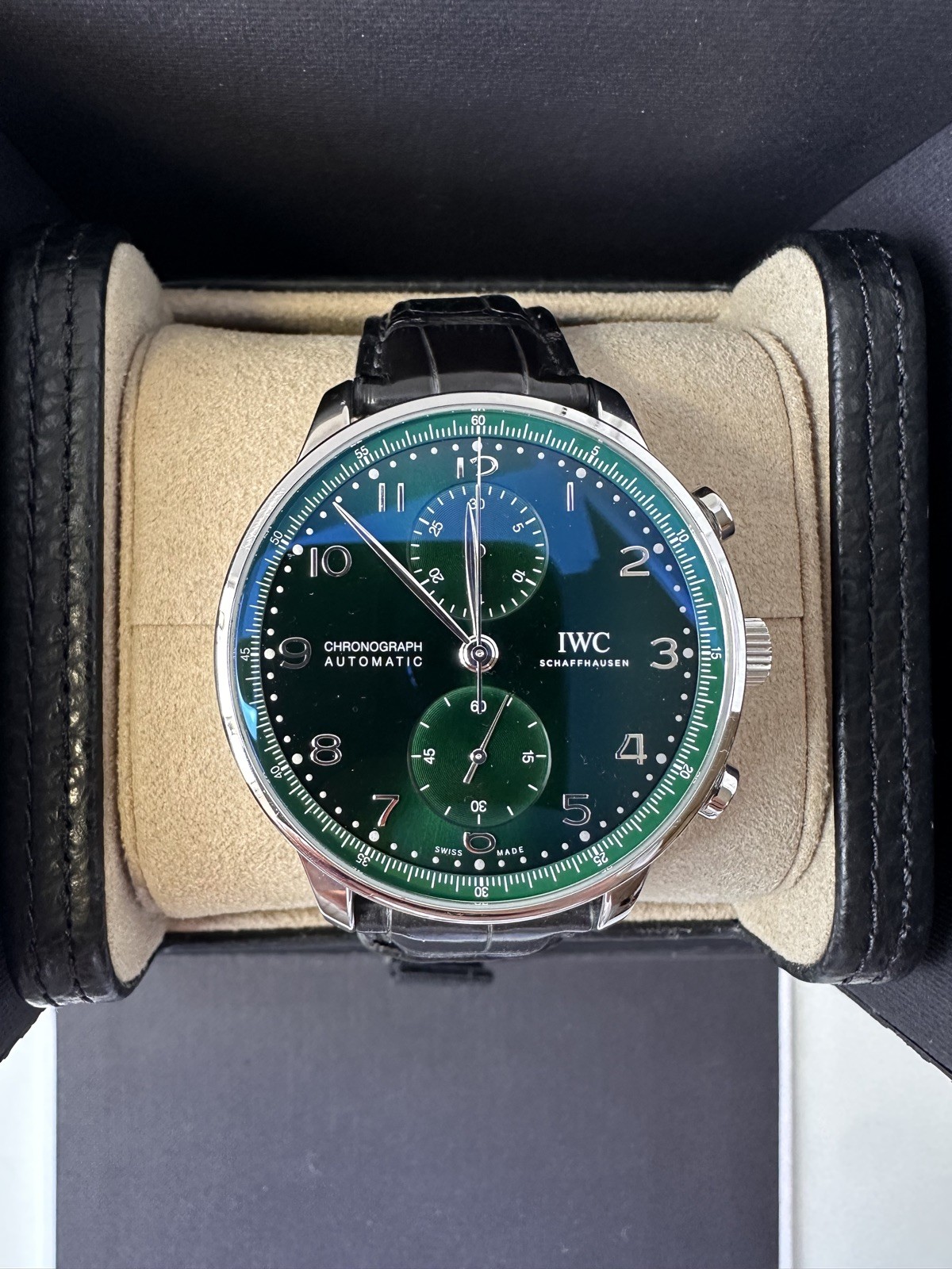 IWC Portugieser Green Dial Black Leather Strap Men's Watch - IW371615