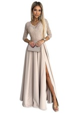 Numoco Abendkleid Amber Maxikleid Partykleid Cocktail langes Kleid Spitze, beige