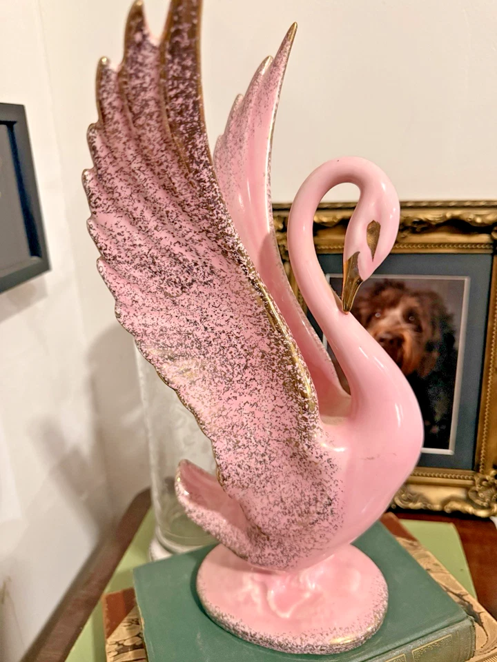 Vintage California Originals Pink Swan Figurine 14” Gold Trim Mid-Century Glam - Image 4 of 4