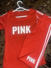 PINK Red White 2 Piece Short Sleeve Crew Neck T-Shirt Pants Tracksuit Women