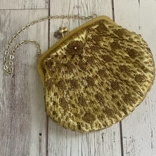 Vintage Beaded Gold Kiss Lock Evening Bag   Made in Hong Kong, 6.5  x5.5  