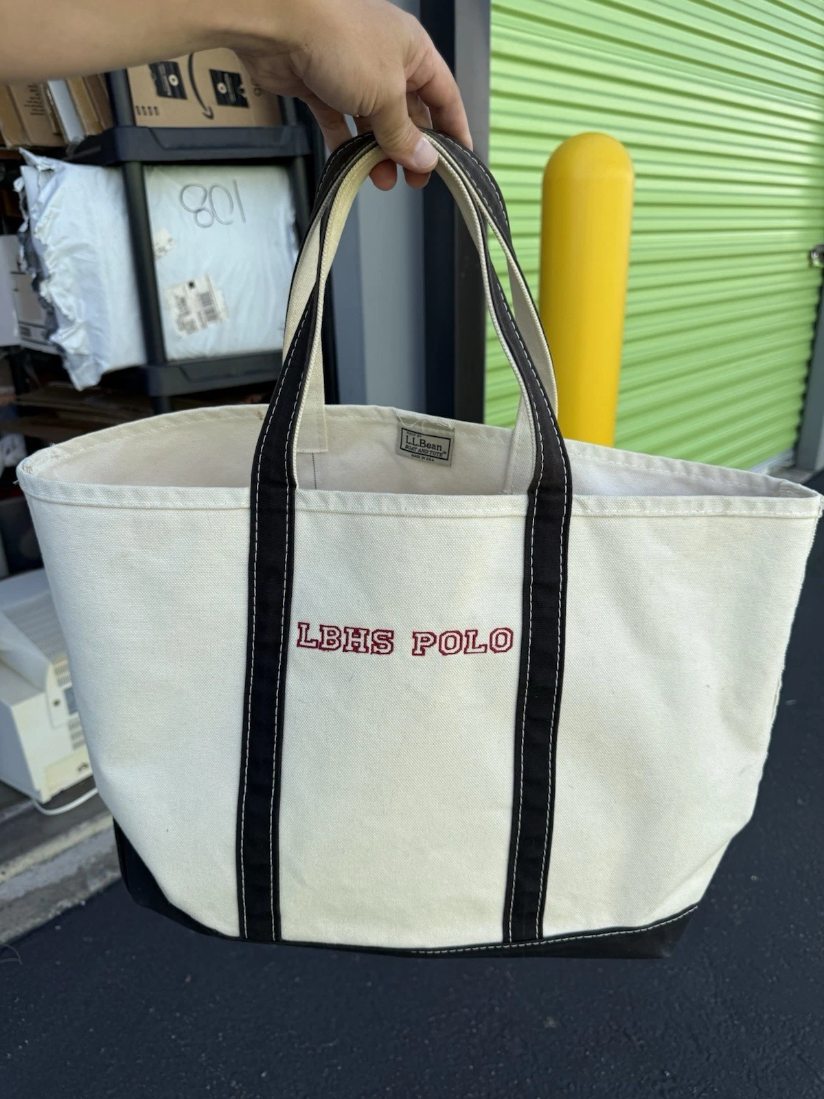 L.L. Bean Boat and Tote Bag Canvas White Black Trim Made In USA