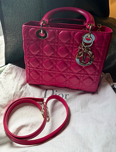 Dior Lady Dior medium Pink Cannage Quilted Top Handle Bag Strap Gold Zip
