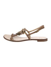 GIUSEPPE ZANOTTI Beige Leather Crystal T-Strap Sandals SZ 6 IT 36 Good Condition