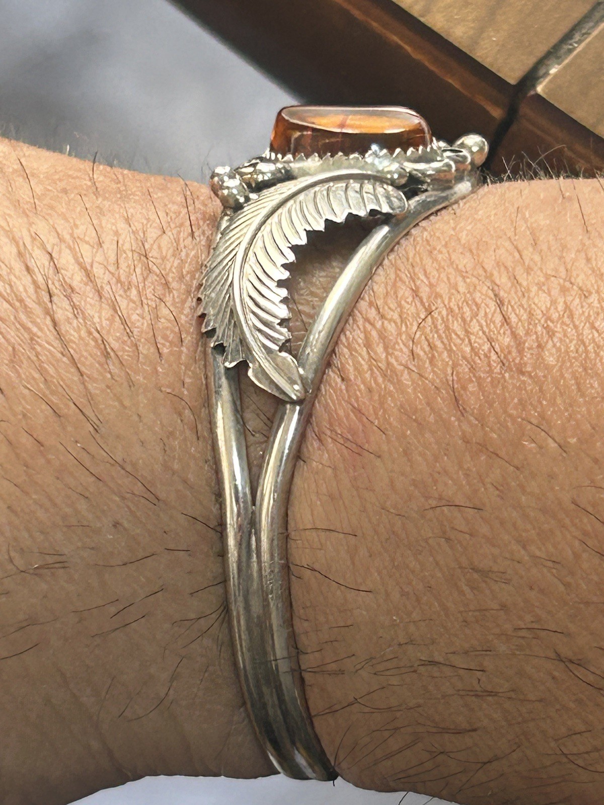 Native Sterling Amber LL Signed Bangle - image 8