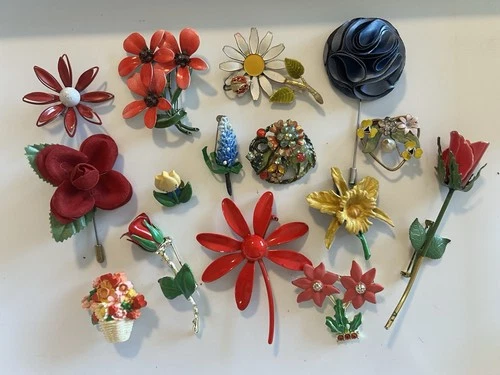 15 Pc Vintage Floral Enamel Brooch Hand Painted Flower Pins Costume Jewelry Lot