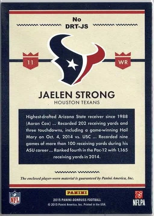 2015 Donruss Jaelen Strong (Texans) Rookie Threads Relic Card no. DRT-JS RC - Image 2 of 2