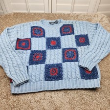 Lizwear Vintage Light Blue Cable Knit Crochet Patchwork Sweater Womens Large L