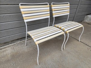 Pair Vintage Patio Chairs Iron and Vinyl Straps Mid Century Woodard Homecrest 