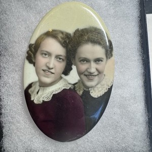 Hand Tinted Antique Celluloid Pocket Mirror, Photograph Of Two Young Women