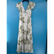 White Floral Maxi Dress with Green Print female Flutter Sleeve Godet Dress