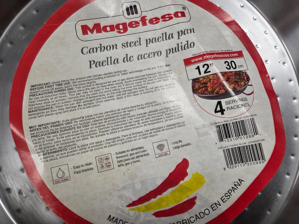 MAGEFESA 12" NWT NEW Carbon Steel Paella Pan 12" - Made in Spain Red Handles - Image 3 of 4