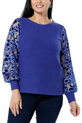 IMAN Women's Global Chic Sweater Top w Lace Slvs Sapphire