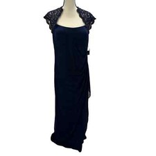 XScape Sheer Metallic Lace Cap Sleeve Chiffon Gown - Navy Blue - size 16