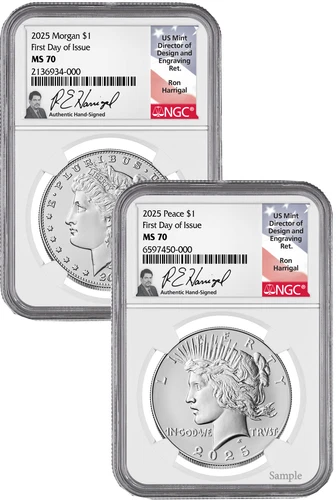 2025 Morgan and Peace Silver Dollar 2pc Set FDI NGC MS70 Harrigal