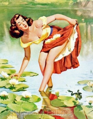 Pin Up Lady Lily Pads & Frog Crazy Quilt Block Multi Szs
